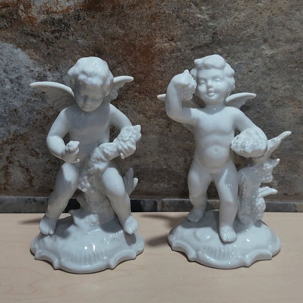 Vintage Dresden Pair White Porcelain Cherub Figurines Summer Four Seasons